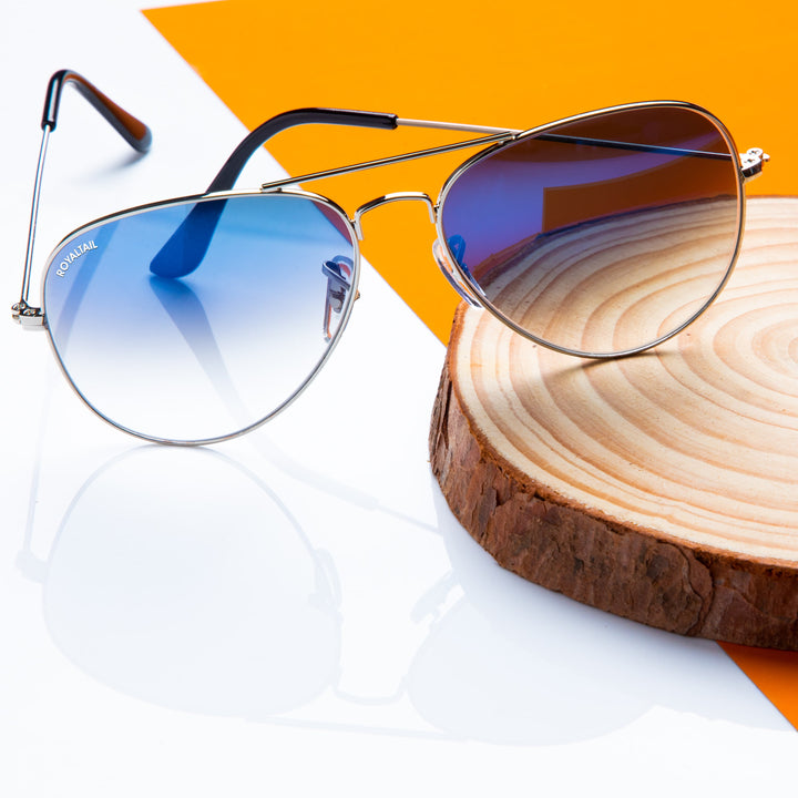 Light Blue Gradient Glass and Silver Frame Aviator Sunglasses For Men and Women - ROYALTAIL