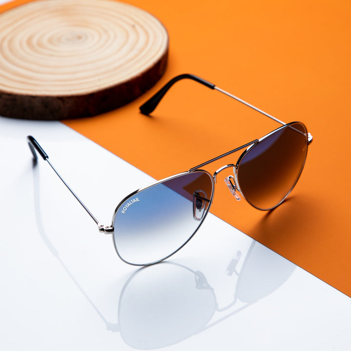 Light Blue Gradient Glass and Silver Frame Aviator Sunglasses For Men and Women - ROYALTAIL