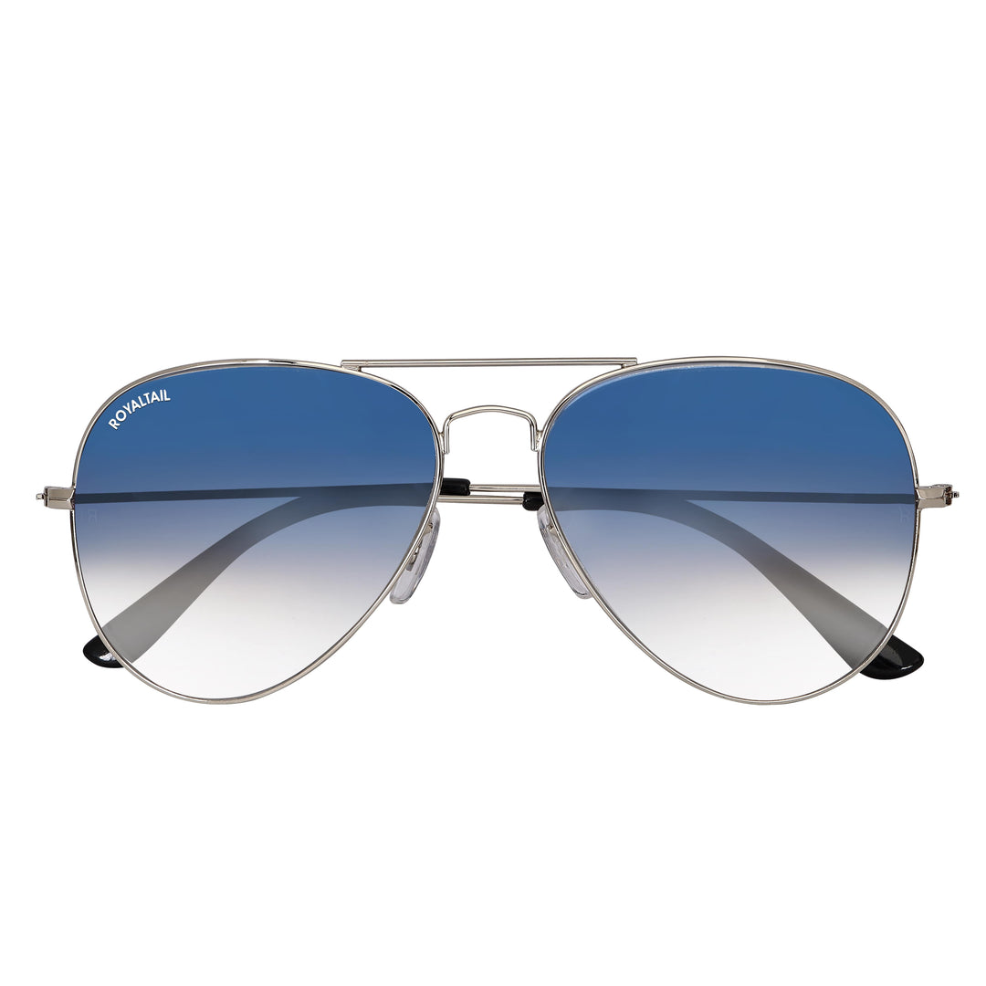 Light Blue Gradient Glass and Silver Frame Aviator Sunglasses For Men and Women - ROYALTAIL