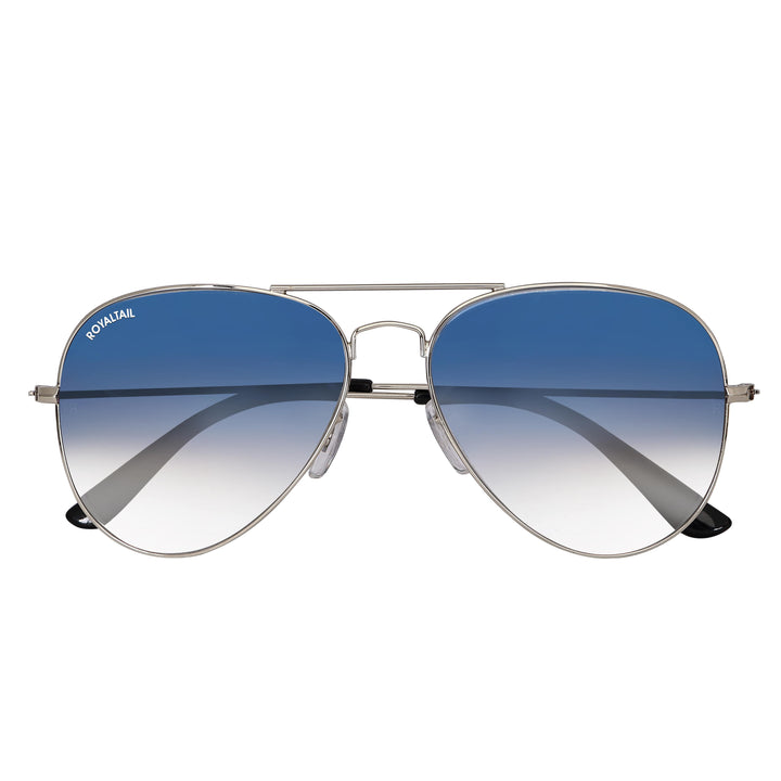 Light Blue Gradient Glass and Silver Frame Aviator Sunglasses For Men and Women - ROYALTAIL