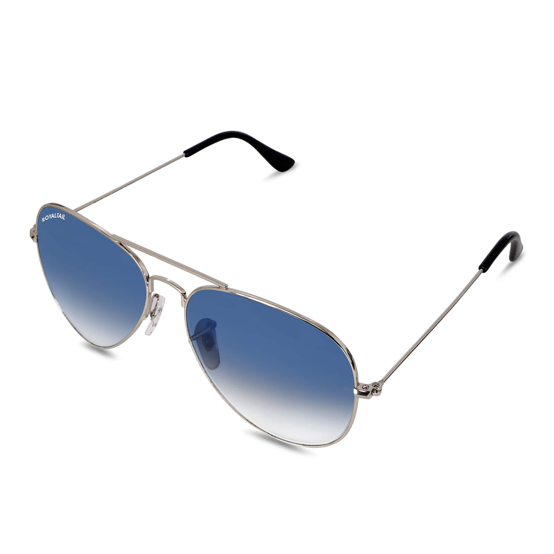 Light Blue Gradient Glass and Silver Frame Aviator Sunglasses For Men and Women - ROYALTAIL