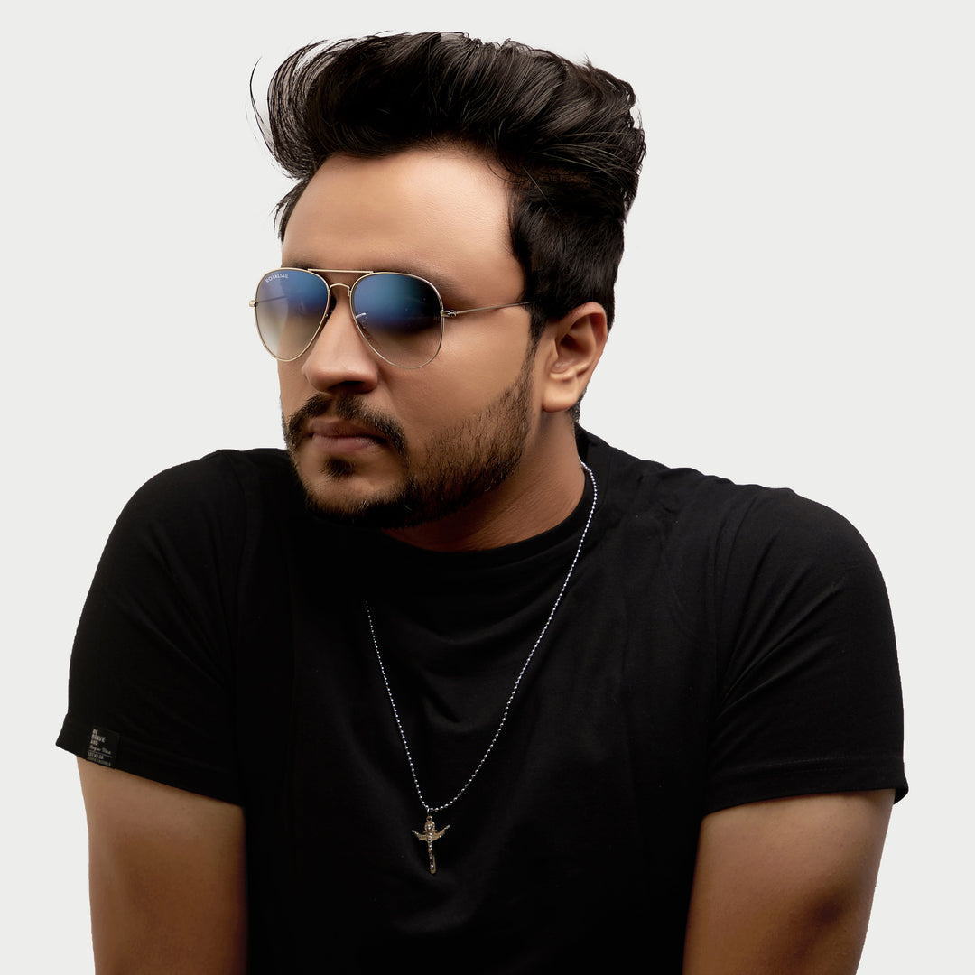 Light Blue Gradient Glass and Silver Frame Aviator Sunglasses For Men and Women - ROYALTAIL