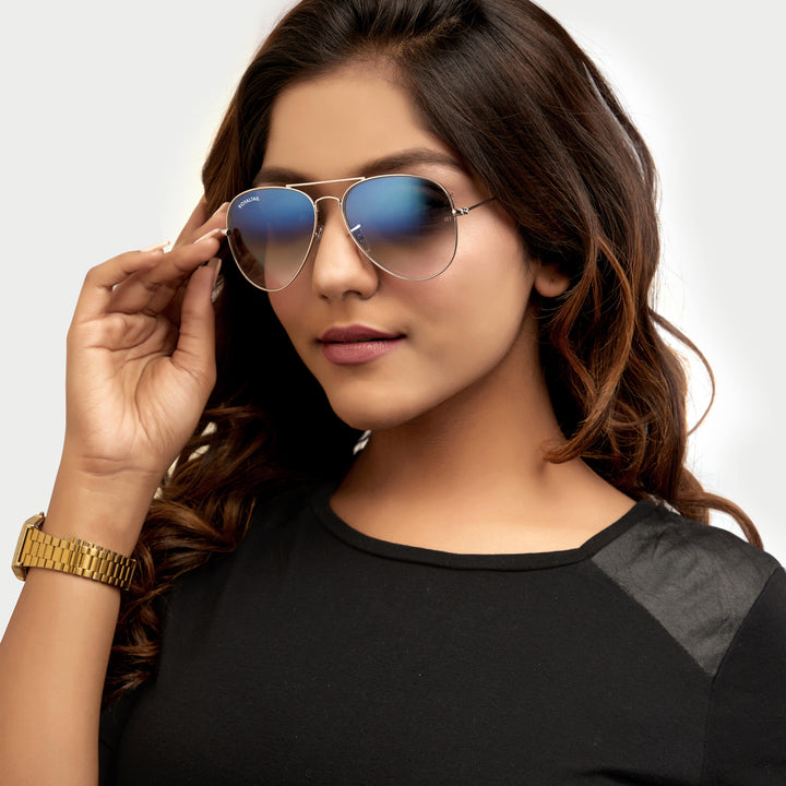 Light Blue Gradient Glass and Silver Frame Aviator Sunglasses For Men and Women - ROYALTAIL