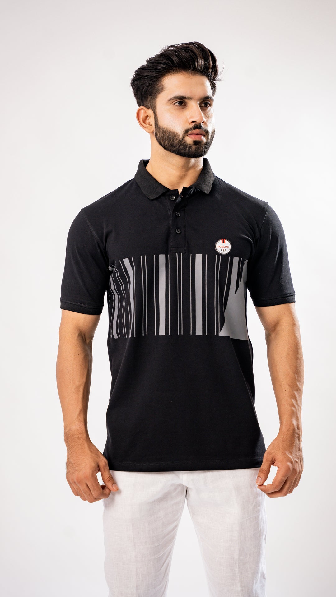 BLACK AND SILVER STRIPED ORGANIC COTTON MERCERISED PIQUE POLO TEE - Royaltail