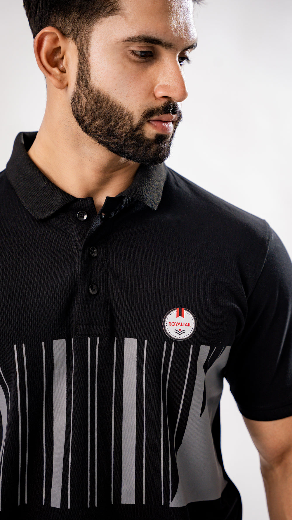 BLACK AND SILVER STRIPED ORGANIC COTTON MERCERISED PIQUE POLO TEE - Royaltail