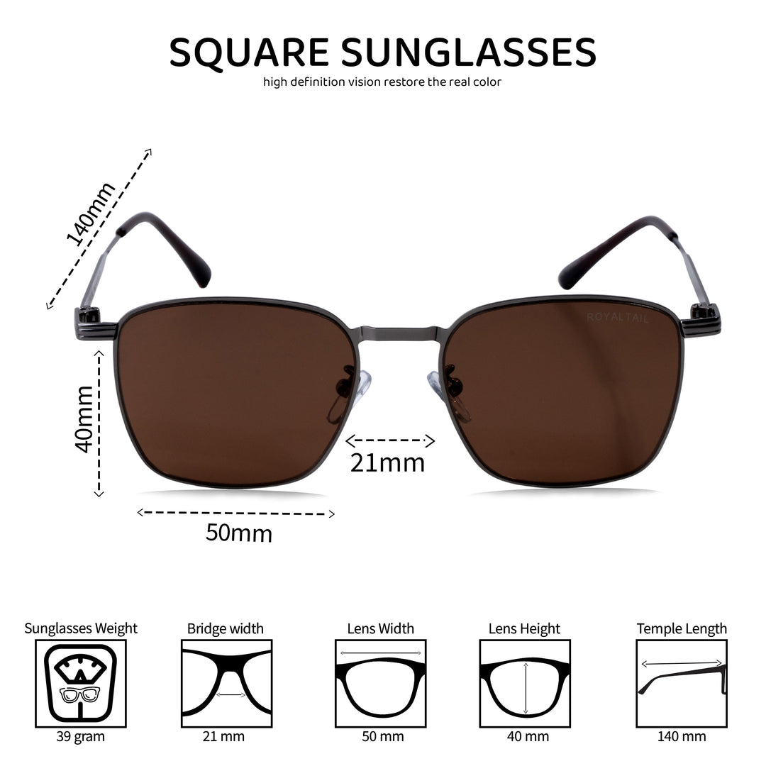 Brown Metal Frame And Polycarbonate Glass Square Sunglasses For Men & Women - ROYALTAIL
