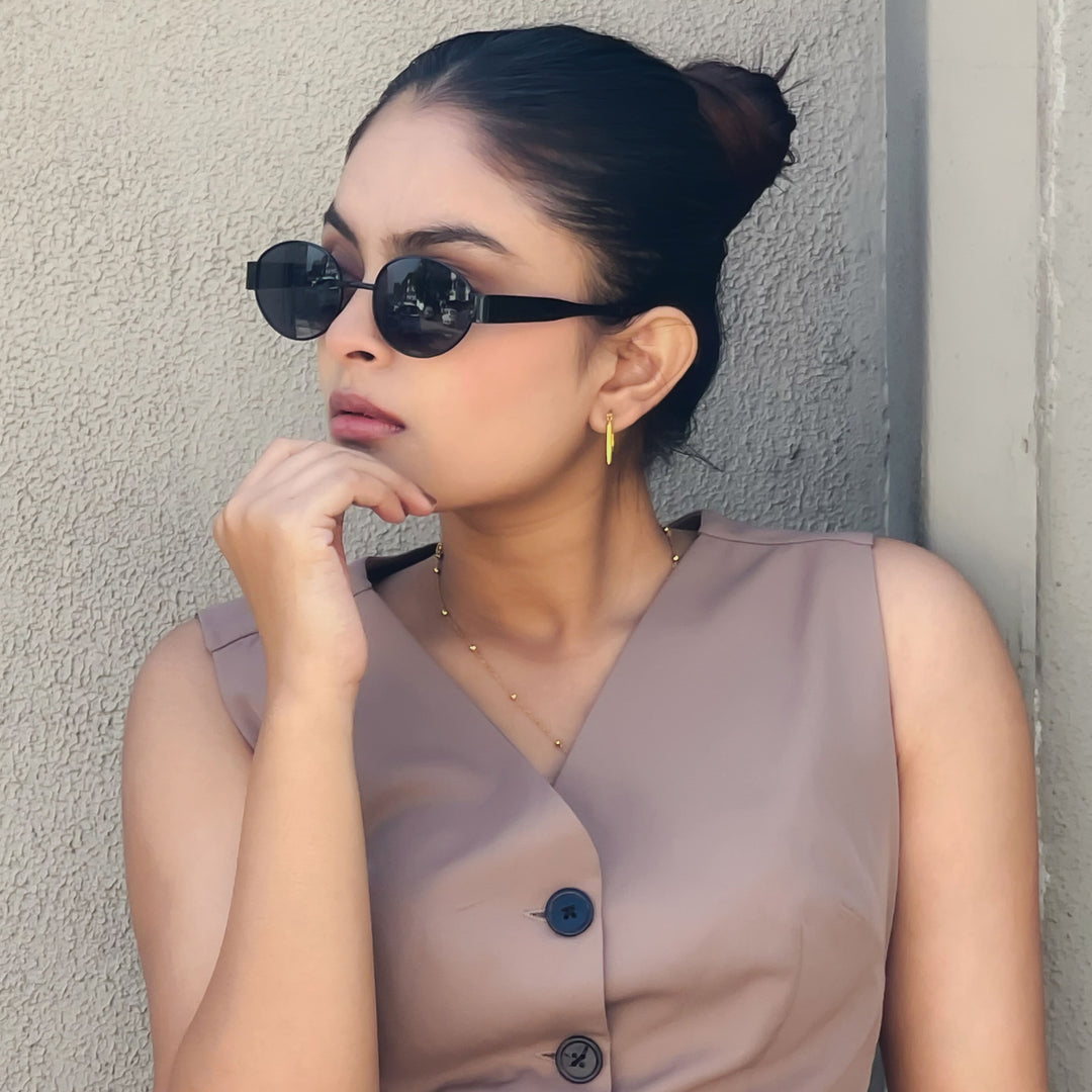 Oval Shape Sunglasses for Men & Women | Black Frame & Black Glass - ROYALTAIL