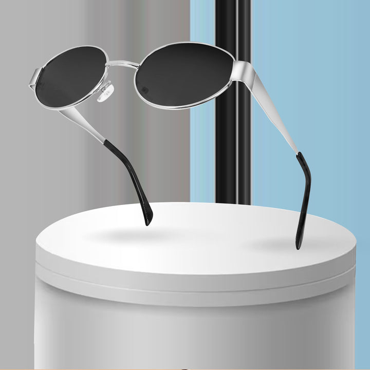 Oval Shape Sunglasses for Men & Women | Silver Frame & Black Glass - ROYALTAIL