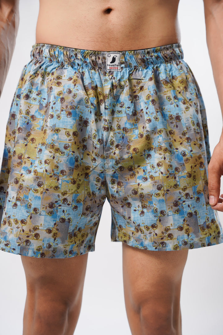 Yellow And Blue Flower All Over Printed Men's Boxers - ROYALTAIL