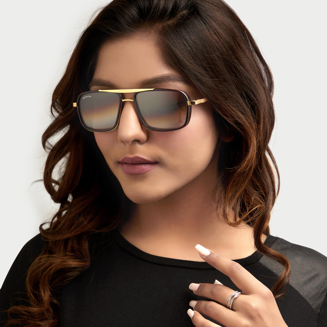 Jyake Brown Gradient Glass and Gold Frame Square Nirvana Sunglasses - ROYALTAIL