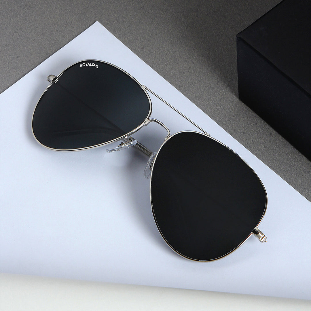 Black Glass And Silver Frame Aviator Sunglasses For Men And Women - ROYALTAIL
