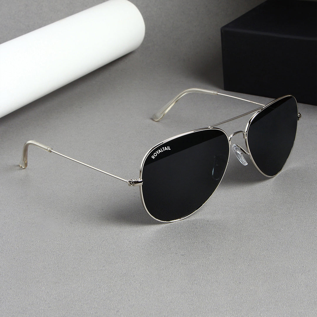 Black Glass And Silver Frame Aviator Sunglasses For Men And Women - ROYALTAIL