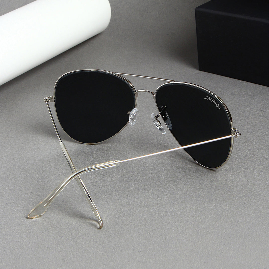 Black Glass And Silver Frame Aviator Sunglasses For Men And Women - ROYALTAIL