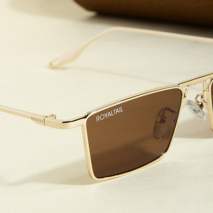 Blitz Gold Brown Rectangle Sunglasses For Men & Women - ROYALTAIL