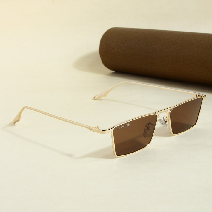 Blitz Gold Brown Rectangle Sunglasses For Men & Women - ROYALTAIL