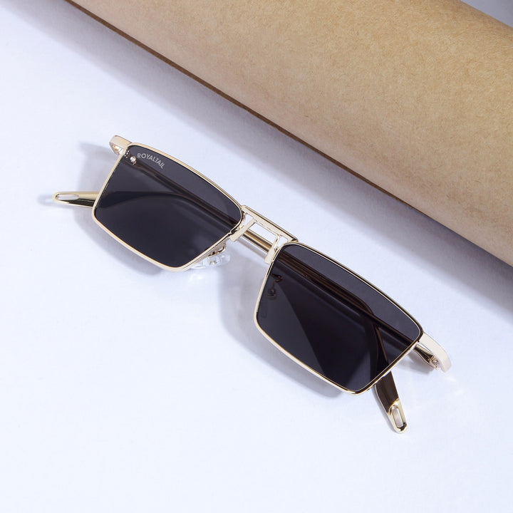 Blitz Gold Black Rectangle Sunglasses For Men & Women - ROYALTAIL