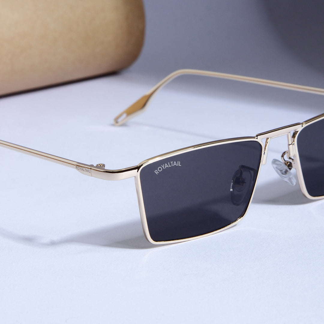 Blitz Gold Black Rectangle Sunglasses For Men & Women - ROYALTAIL