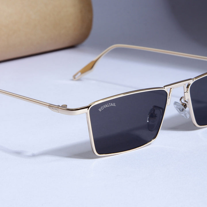 Blitz Gold Black Rectangle Sunglasses For Men & Women - ROYALTAIL