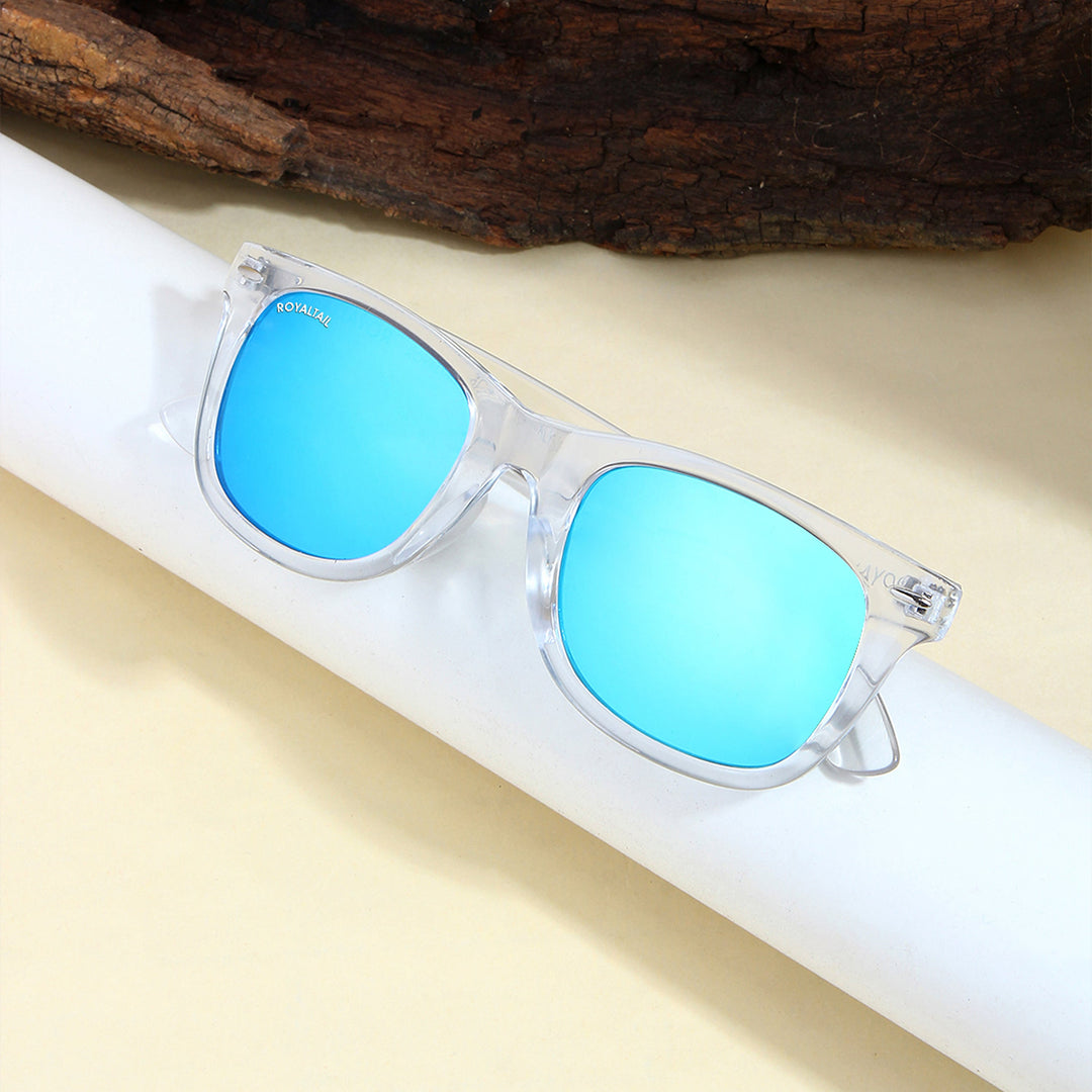 Aqua Blue Glass and Clear Frame Wayfarer Sunglasses for Men and Women - ROYALTAIL