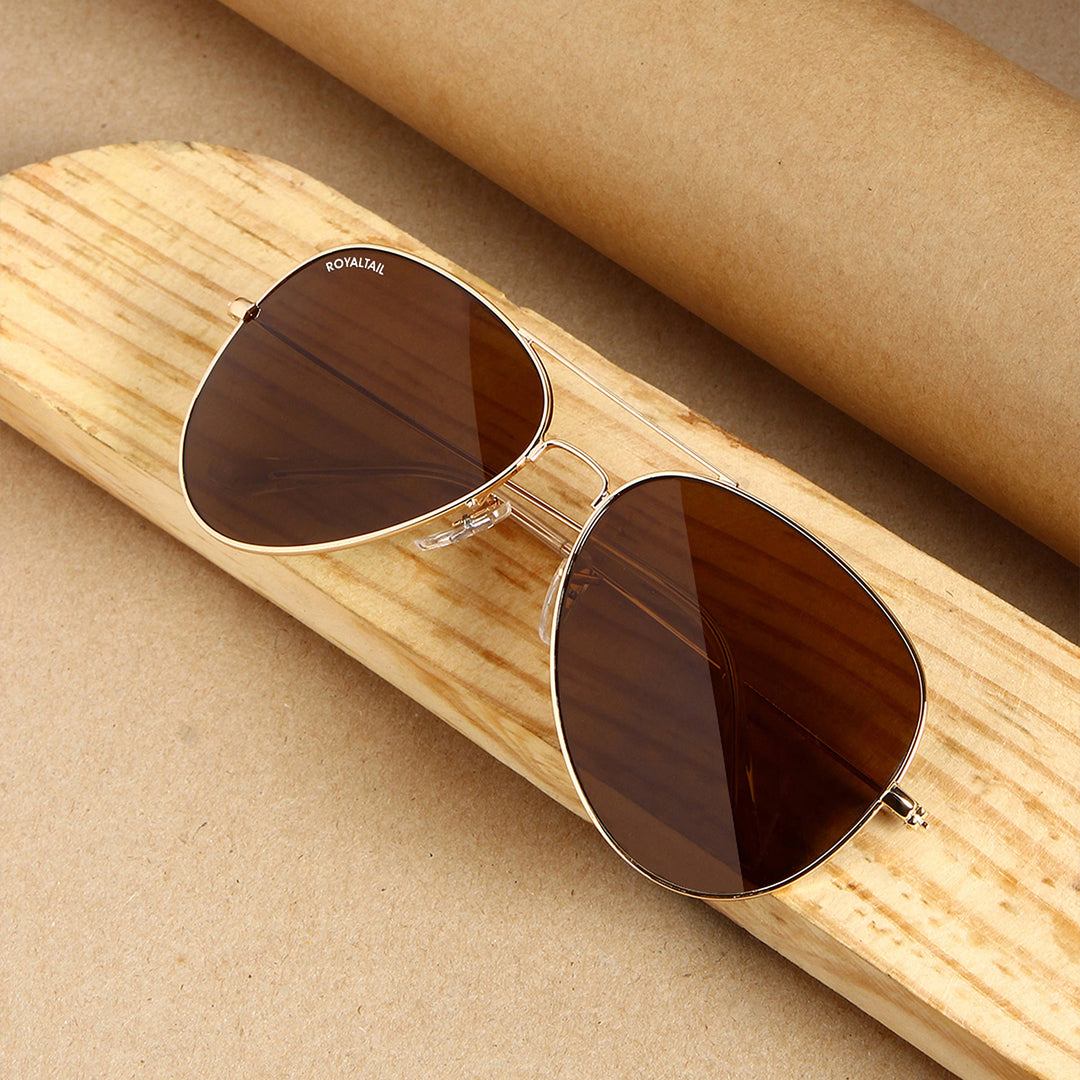 Brown Glass And Golden Frame Aviator Sunglasses For Men And Women - ROYALTAIL