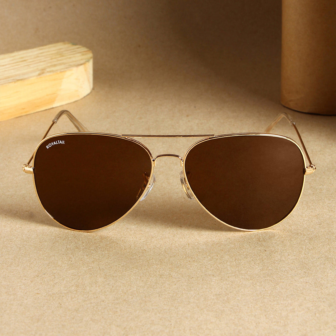 Brown Glass And Golden Frame Aviator Sunglasses For Men And Women - ROYALTAIL