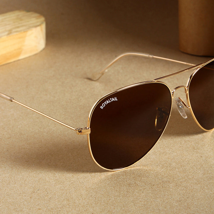 Brown Glass And Golden Frame Aviator Sunglasses For Men And Women - ROYALTAIL