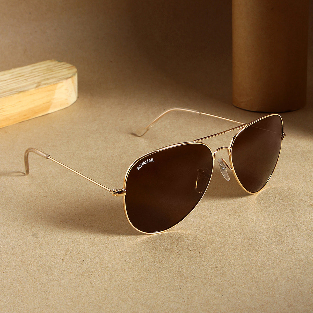 Brown Glass And Golden Frame Aviator Sunglasses For Men And Women - ROYALTAIL