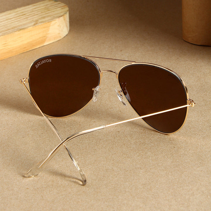 Brown Glass And Golden Frame Aviator Sunglasses For Men And Women - ROYALTAIL