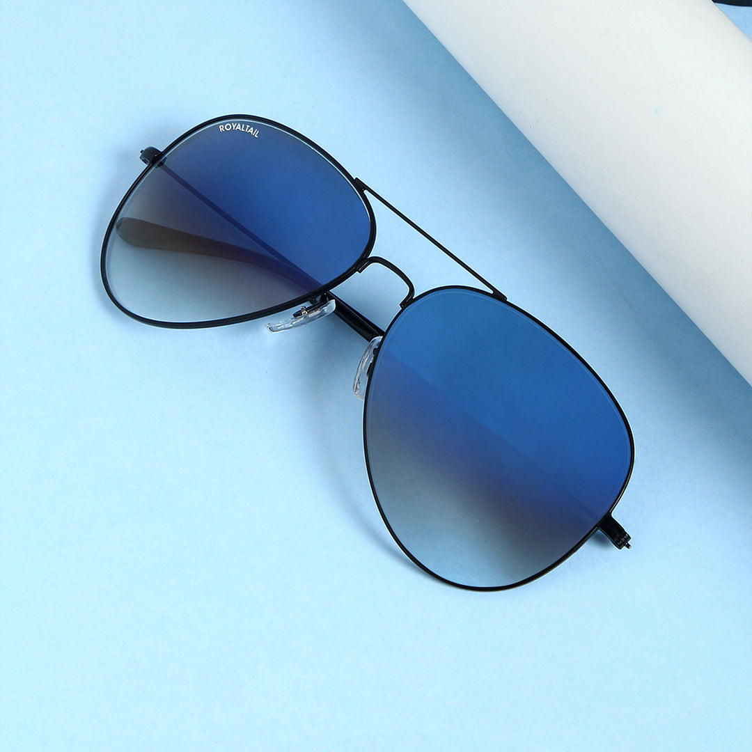 Dark Blue Gradient Glass And Black Frame Aviator Sunglasses For Men And Women - ROYALTAIL