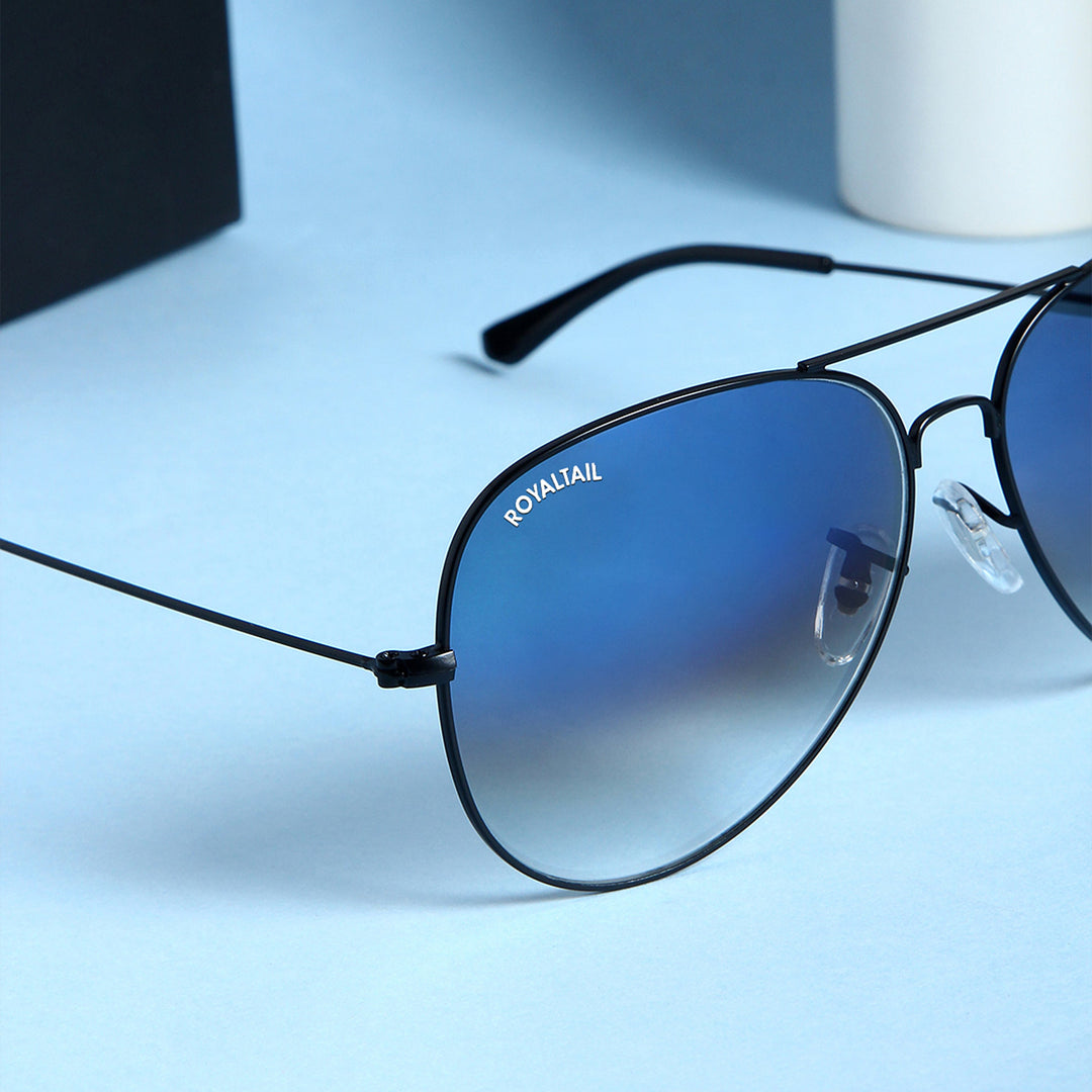 Dark Blue Gradient Glass And Black Frame Aviator Sunglasses For Men And Women - ROYALTAIL
