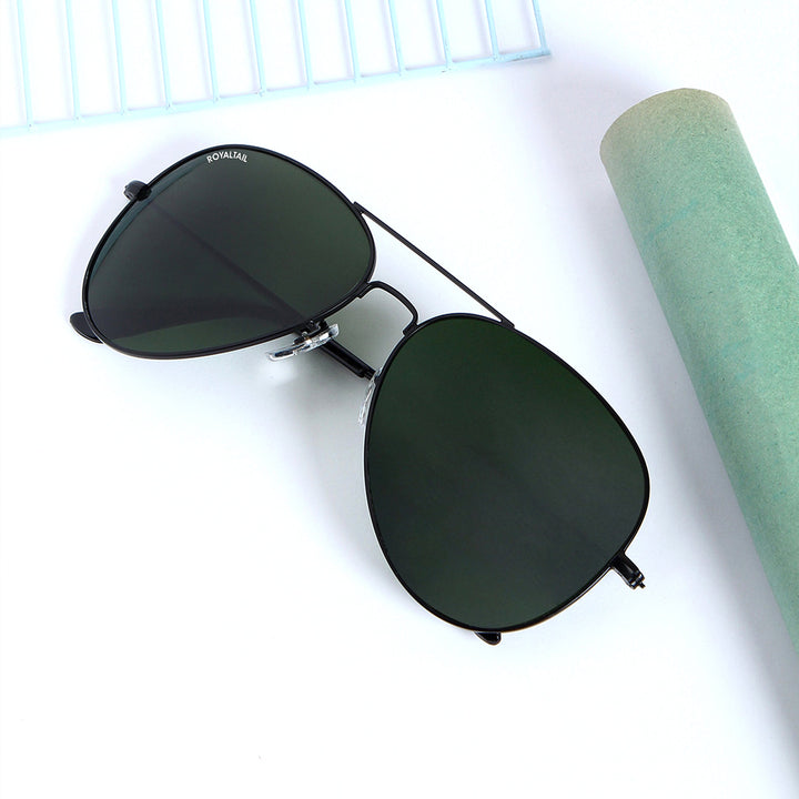 Green Glass And Black Frame Aviator Sunglasses For Men And Women - ROYALTAIL