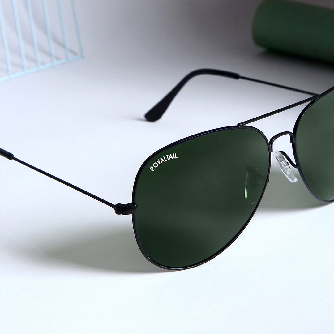 Green Glass And Black Frame Aviator Sunglasses For Men And Women - ROYALTAIL