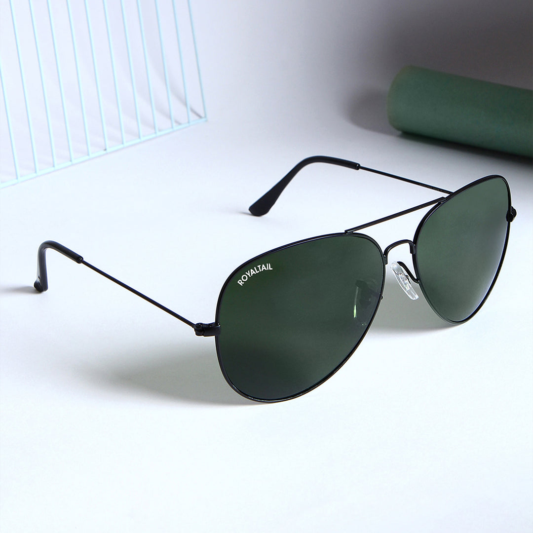 Green Glass And Black Frame Aviator Sunglasses For Men And Women - ROYALTAIL
