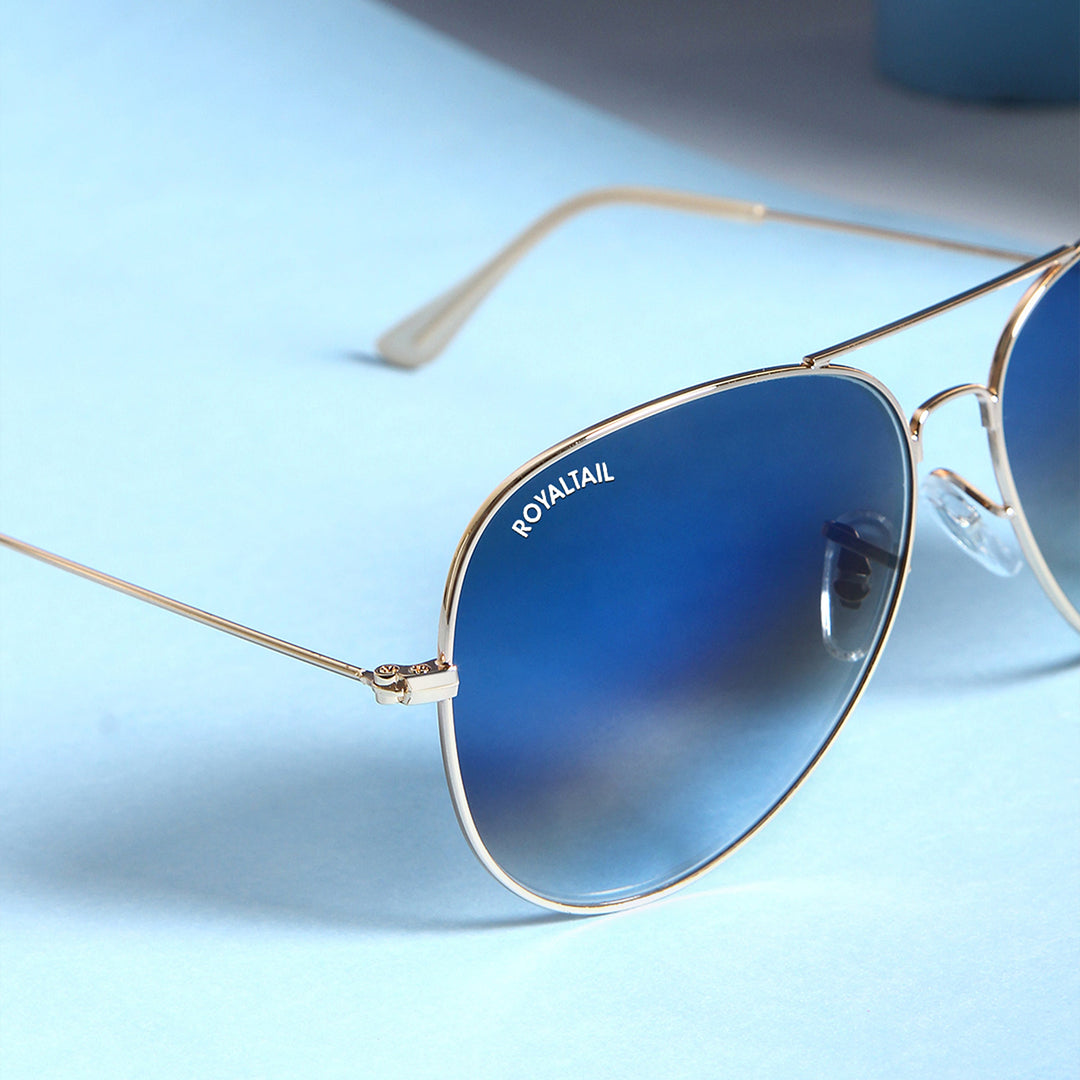 Light Blue Gradient Glass And Golden Frame Aviator Sunglasses For Men And Women - ROYALTAIL