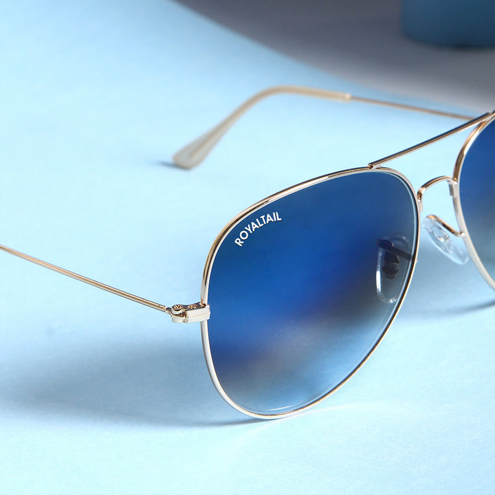 Light Blue Gradient Glass And Golden Frame Aviator Sunglasses For Men And Women - ROYALTAIL