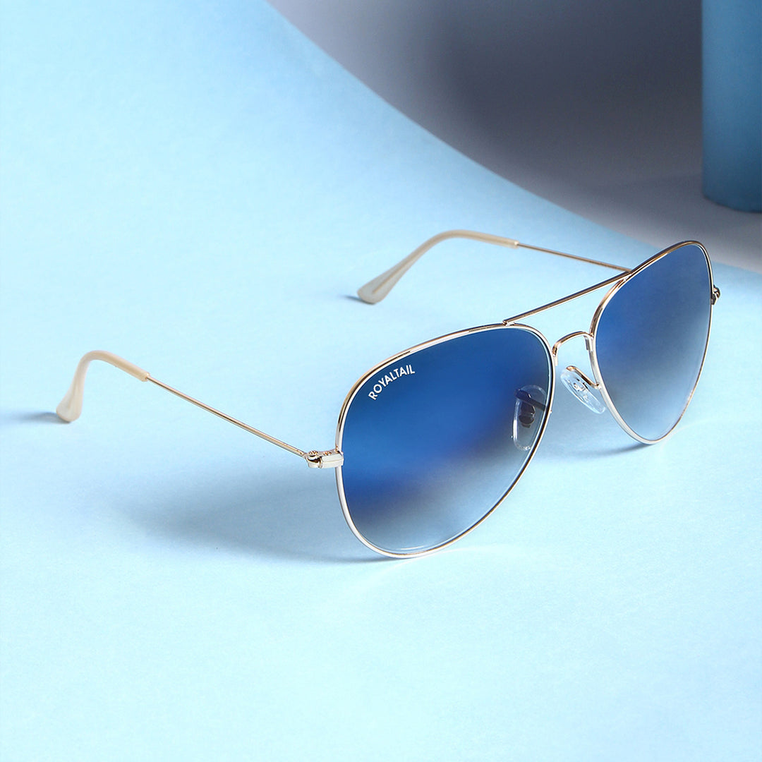 Light Blue Gradient Glass And Golden Frame Aviator Sunglasses For Men And Women - ROYALTAIL