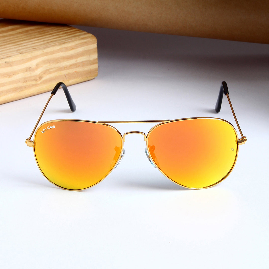 Orange Glass And Gold Frame Aviator Sunglasses For Men And Women - ROYALTAIL