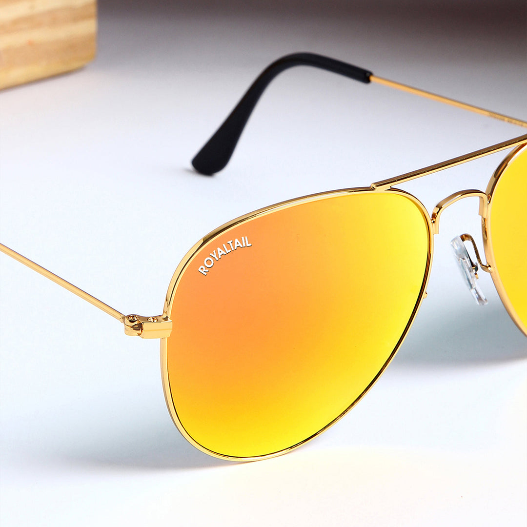 Orange Glass And Gold Frame Aviator Sunglasses For Men And Women - ROYALTAIL