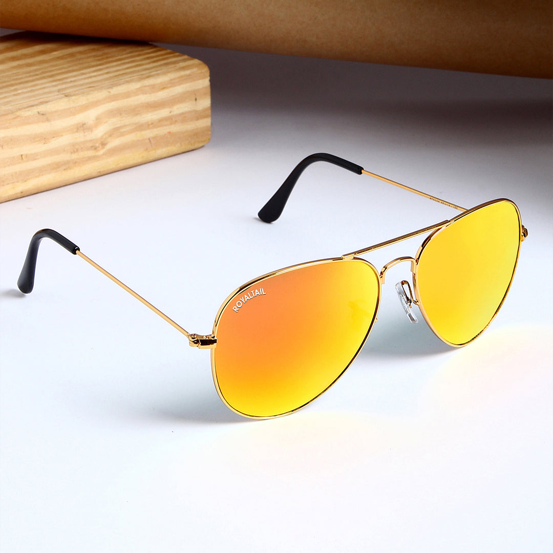 Orange Glass And Gold Frame Aviator Sunglasses For Men And Women - ROYALTAIL