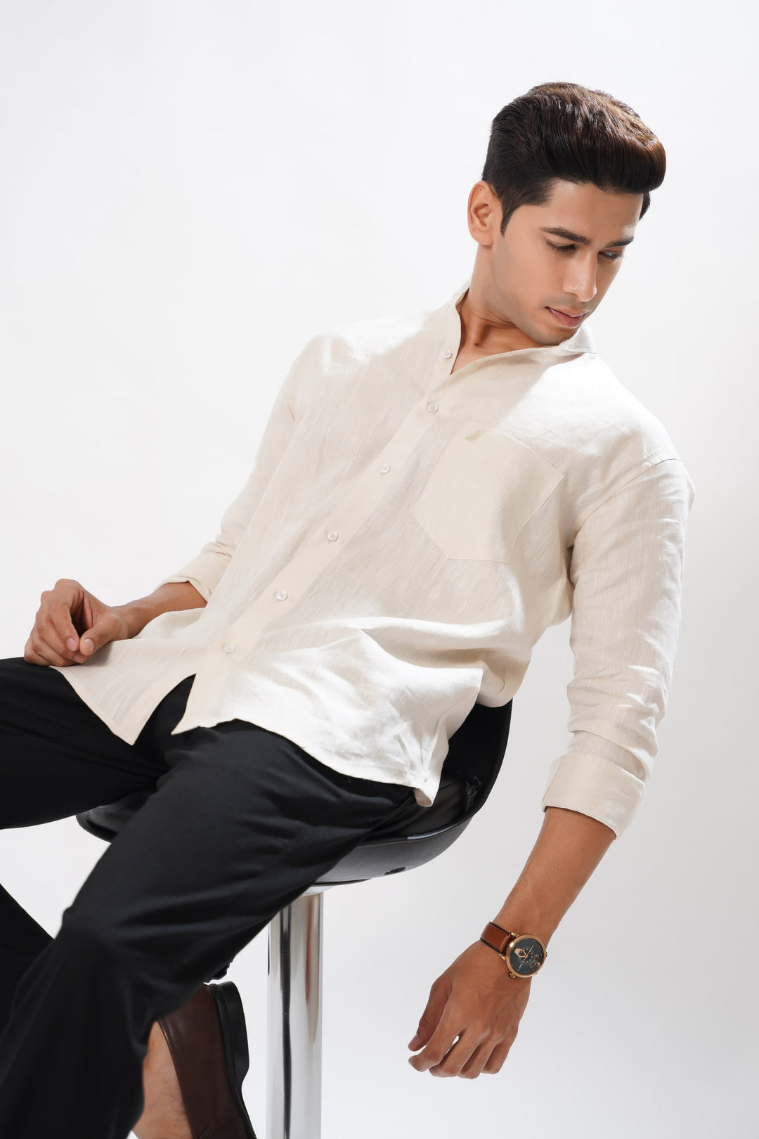 Cream Luxurious Mandarin Collar Linen Shirt - ROYALTAIL