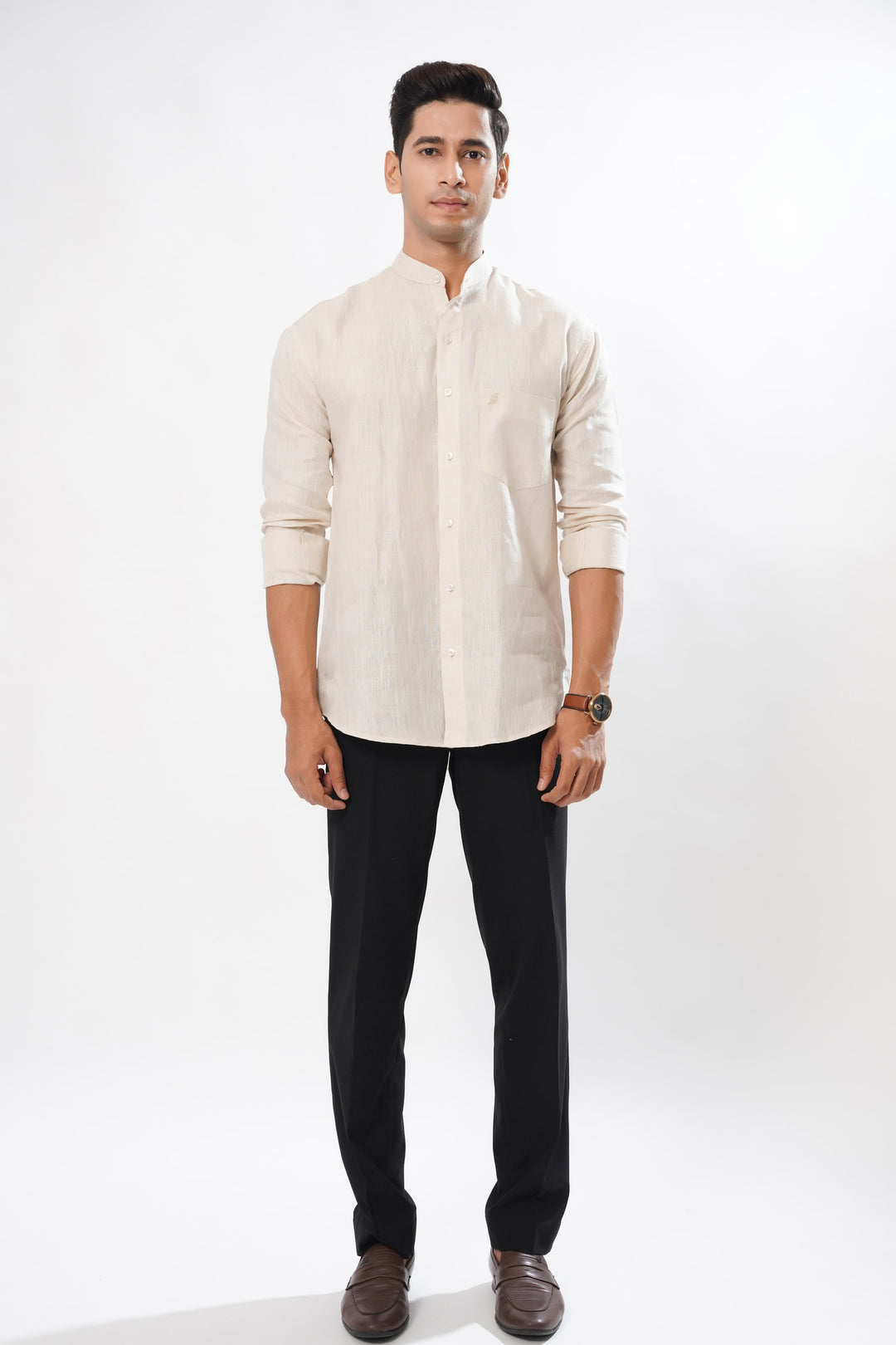 Cream Luxurious Mandarin Collar Linen Shirt - ROYALTAIL