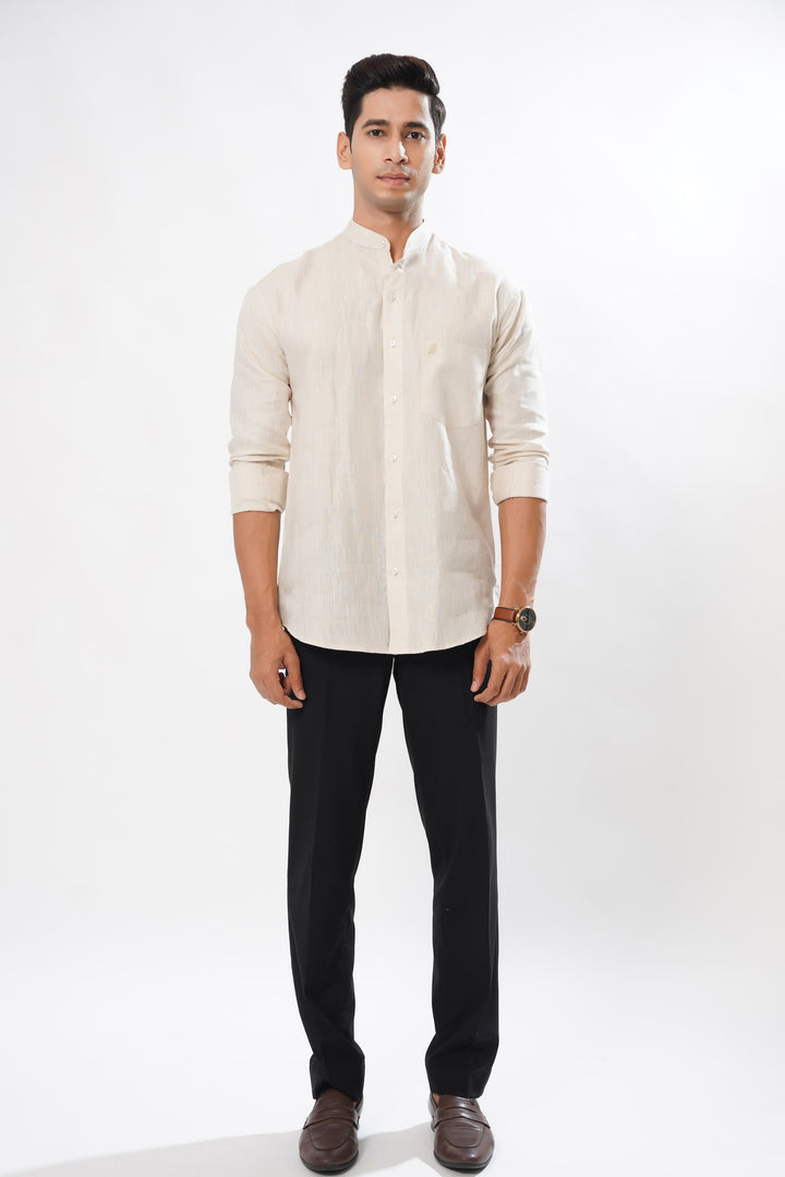 Cream Luxurious Mandarin Collar Linen Shirt - ROYALTAIL