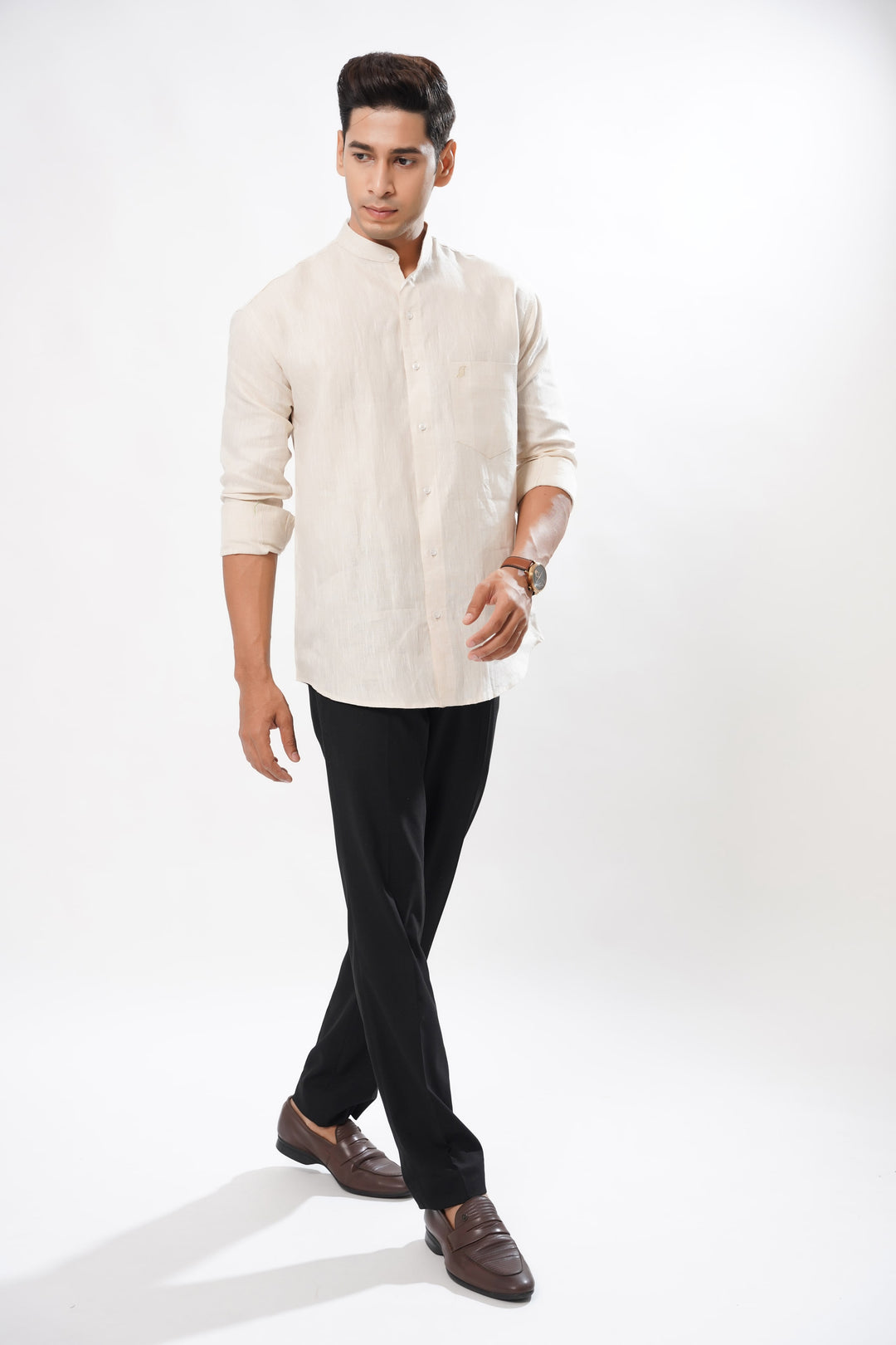 Cream Luxurious Mandarin Collar Linen Shirt - ROYALTAIL