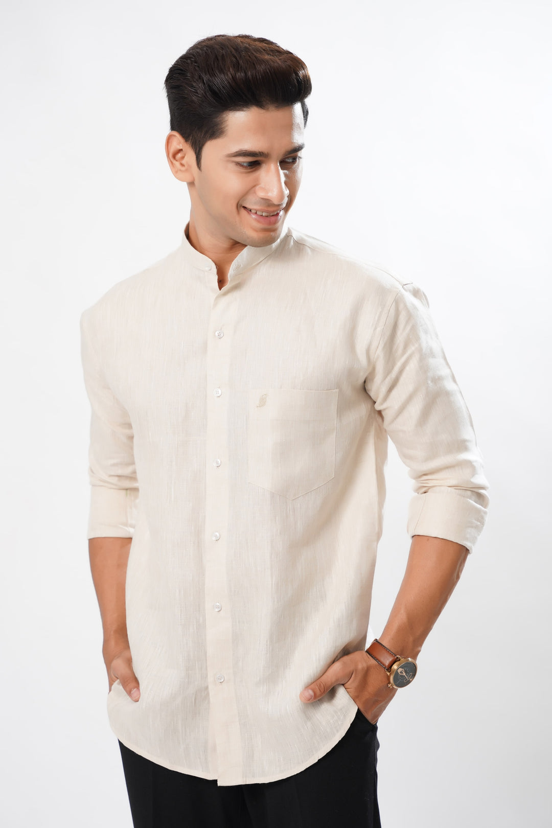 Cream Luxurious Mandarin Collar Linen Shirt - ROYALTAIL