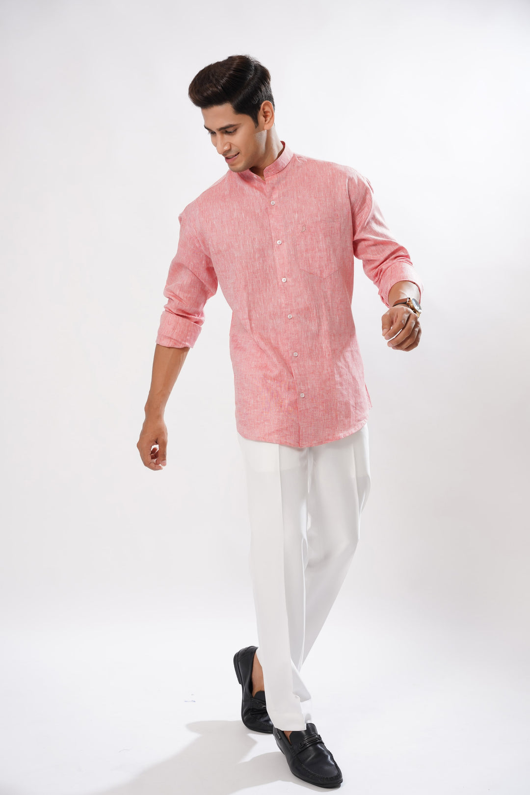 Currant Red Luxurious Mandarin Collar Linen Shirt - ROYALTAIL