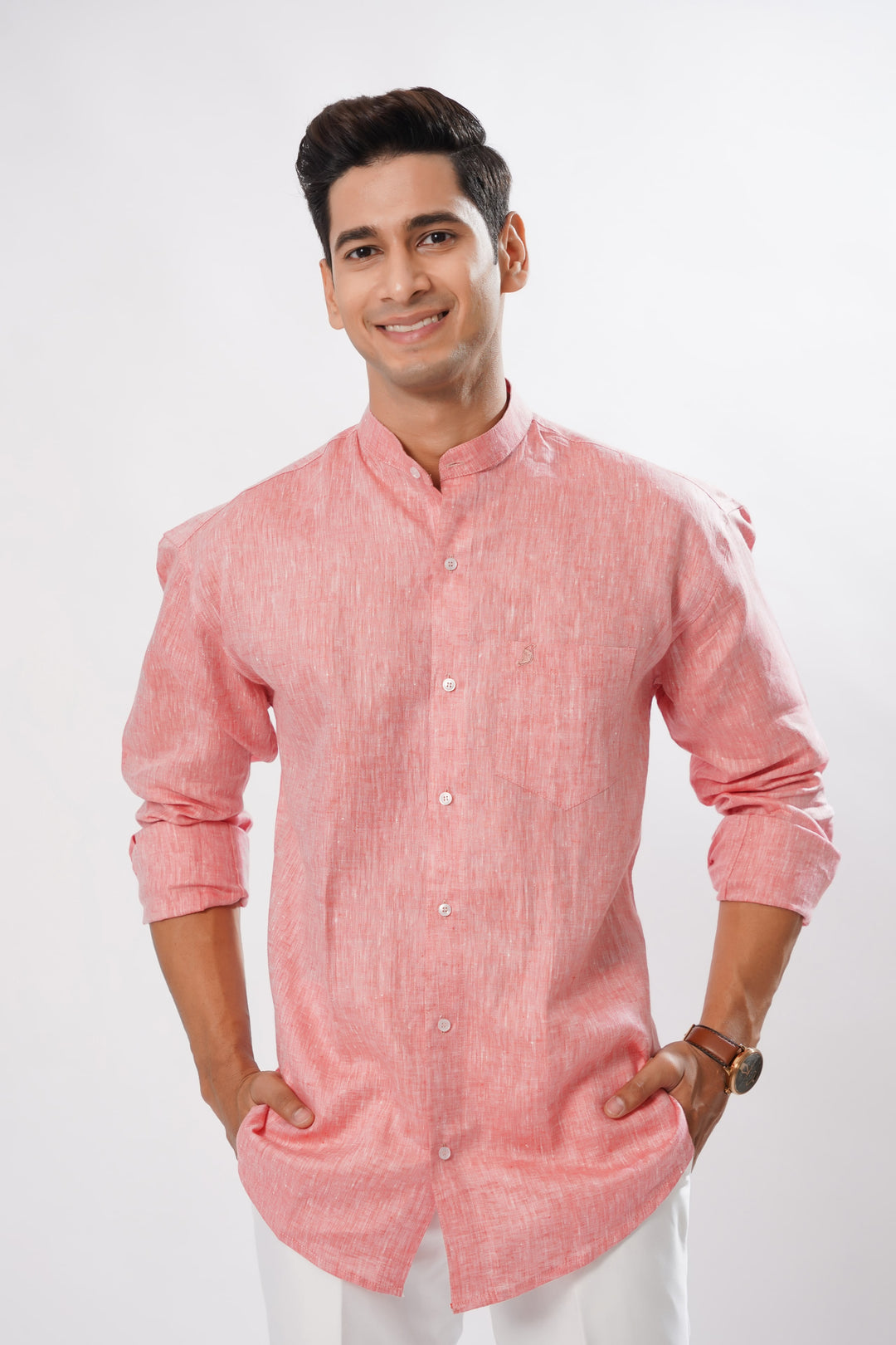 Currant Red Luxurious Mandarin Collar Linen Shirt - ROYALTAIL