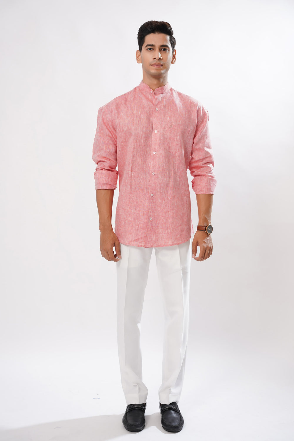 Currant Red Luxurious Mandarin Collar Linen Shirt - ROYALTAIL