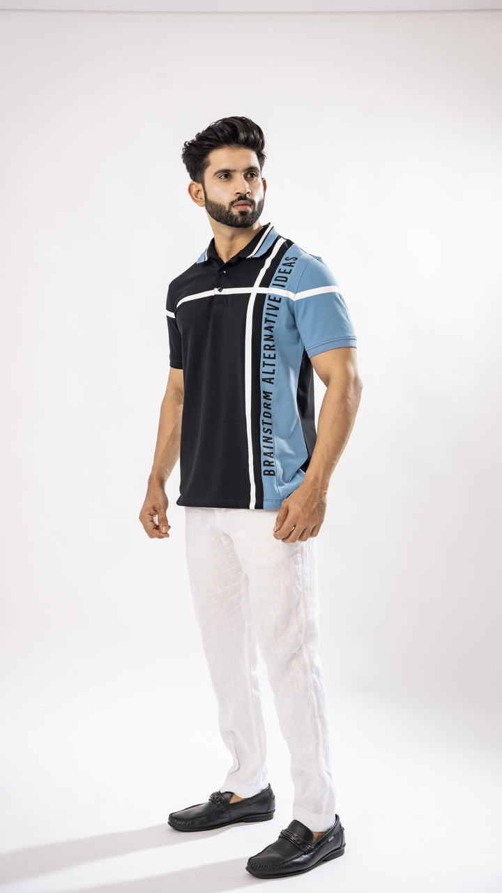 BLUE AND BLACK STRIPED ORGANIC COTTON MERCERISED PIQUE POLO TEE - Royaltail