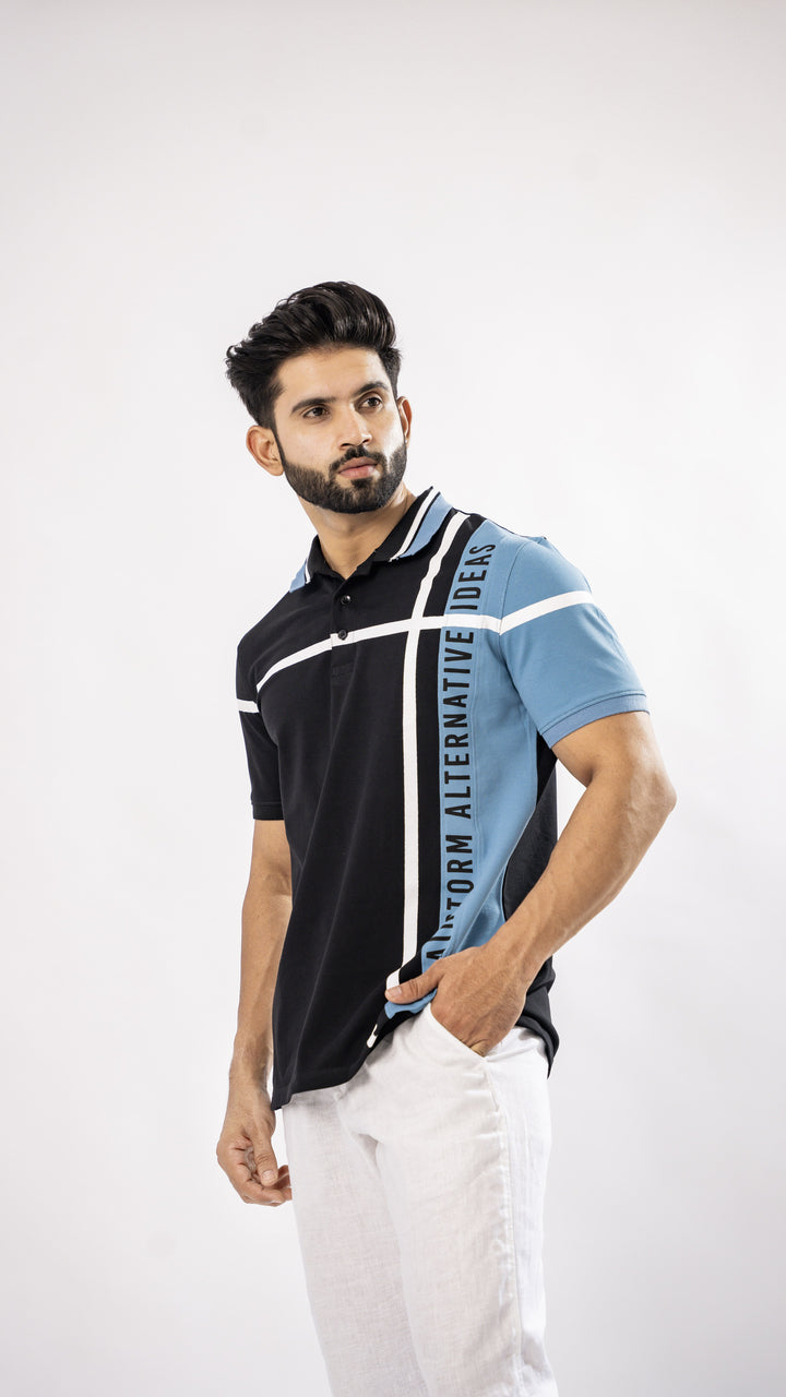 BLUE AND BLACK STRIPED ORGANIC COTTON MERCERISED PIQUE POLO TEE - Royaltail