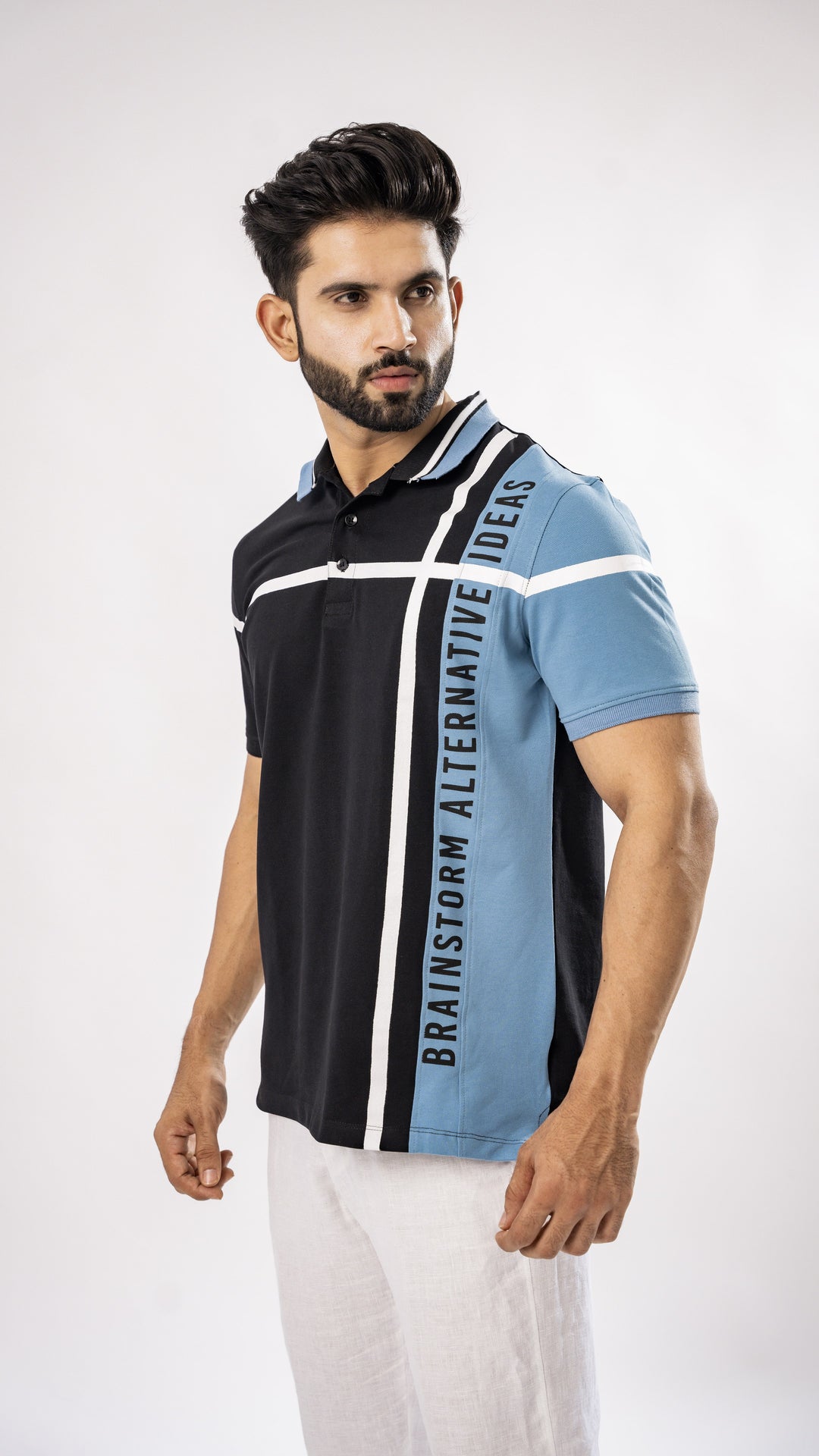 BLUE AND BLACK STRIPED ORGANIC COTTON MERCERISED PIQUE POLO TEE - Royaltail